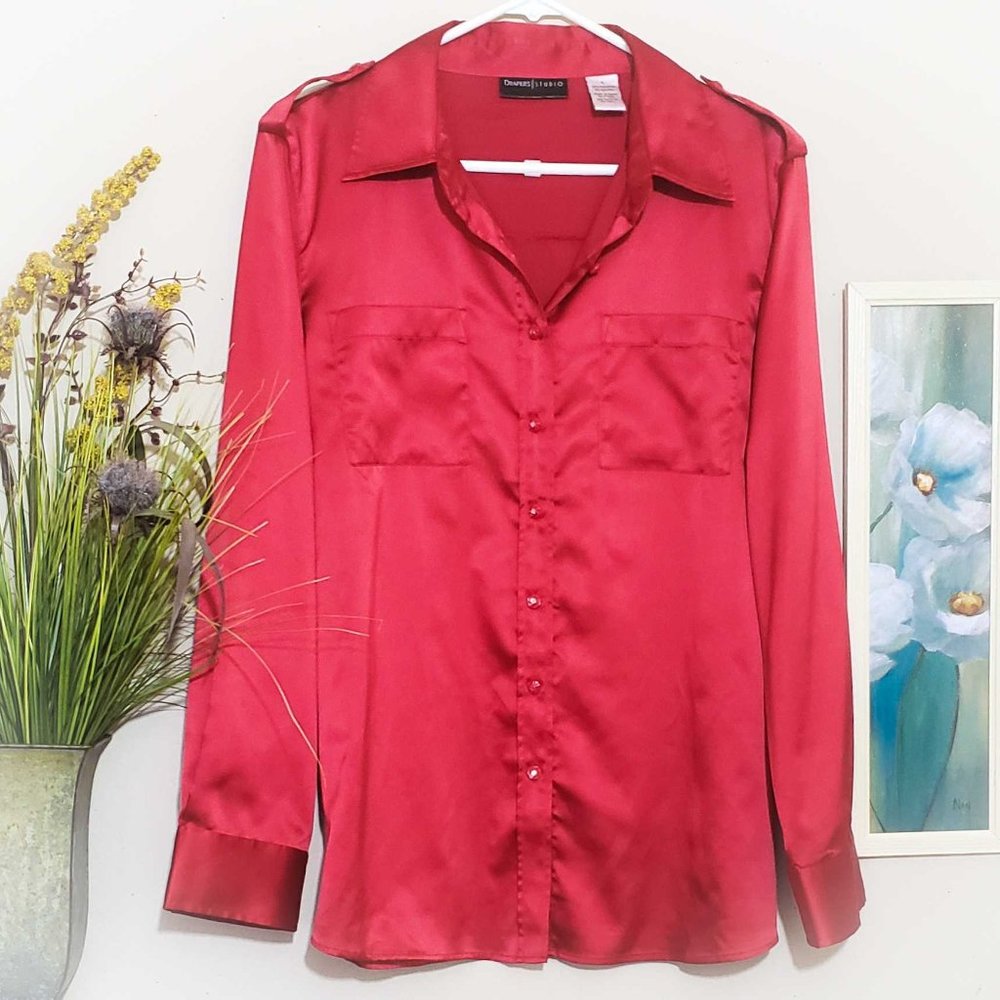 DRAPERS STUDIO Blouse Red Sateen Button up, Large